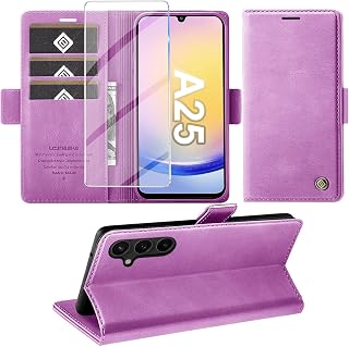 Giyer Cover for Samsung Galaxy A25 5G Case with Tempered Glass, Premium PU Leather Wallet RFID Card Slot Anti-Theft Function Stand Flip Case, Shockproof for Samsung A25 5G Cover (Purple)