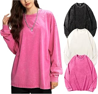 Yimoon オーバーサイズ Tシャツ 女性用 コットン 長袖 シャツ アシッド ウォッシュ バギー Tシャツ ヴィンテージ Tシャツ ストリートウェア