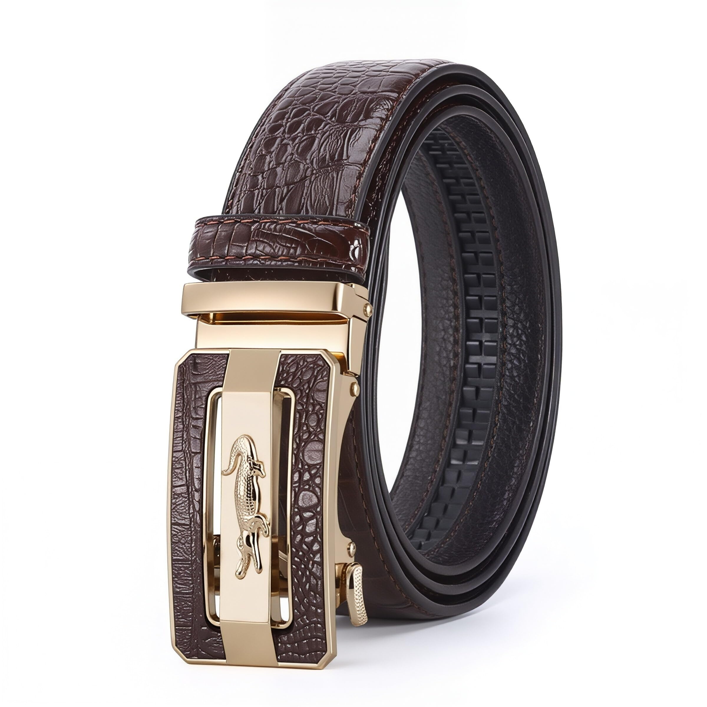 Luxury Crocodile Pattern Leather Belt with Automatic Buckle, Black and Brown, Go