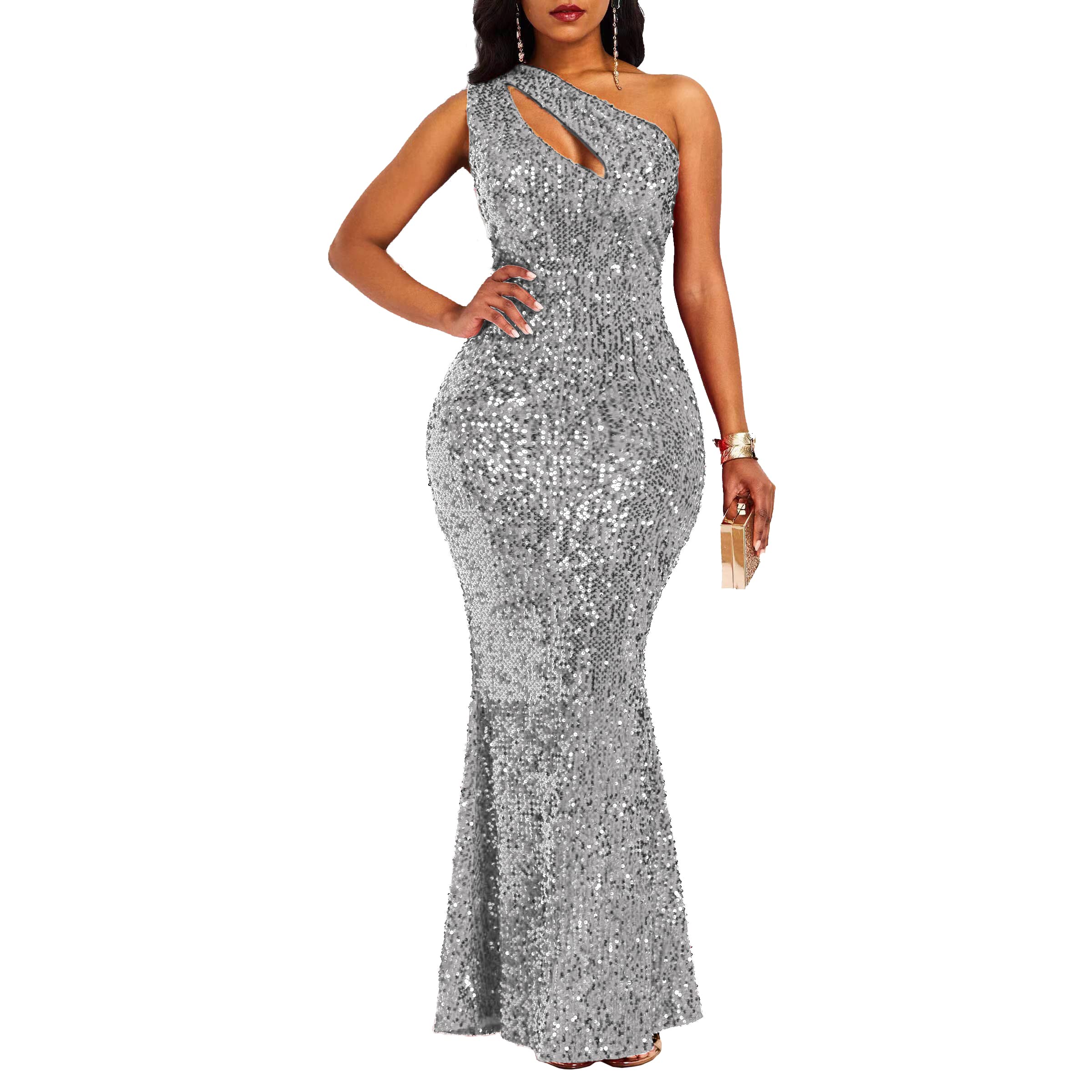 VERWIN Sequins Fashion Sleeveless Oblique Collar Mermaid Women's Maxi Dress Body