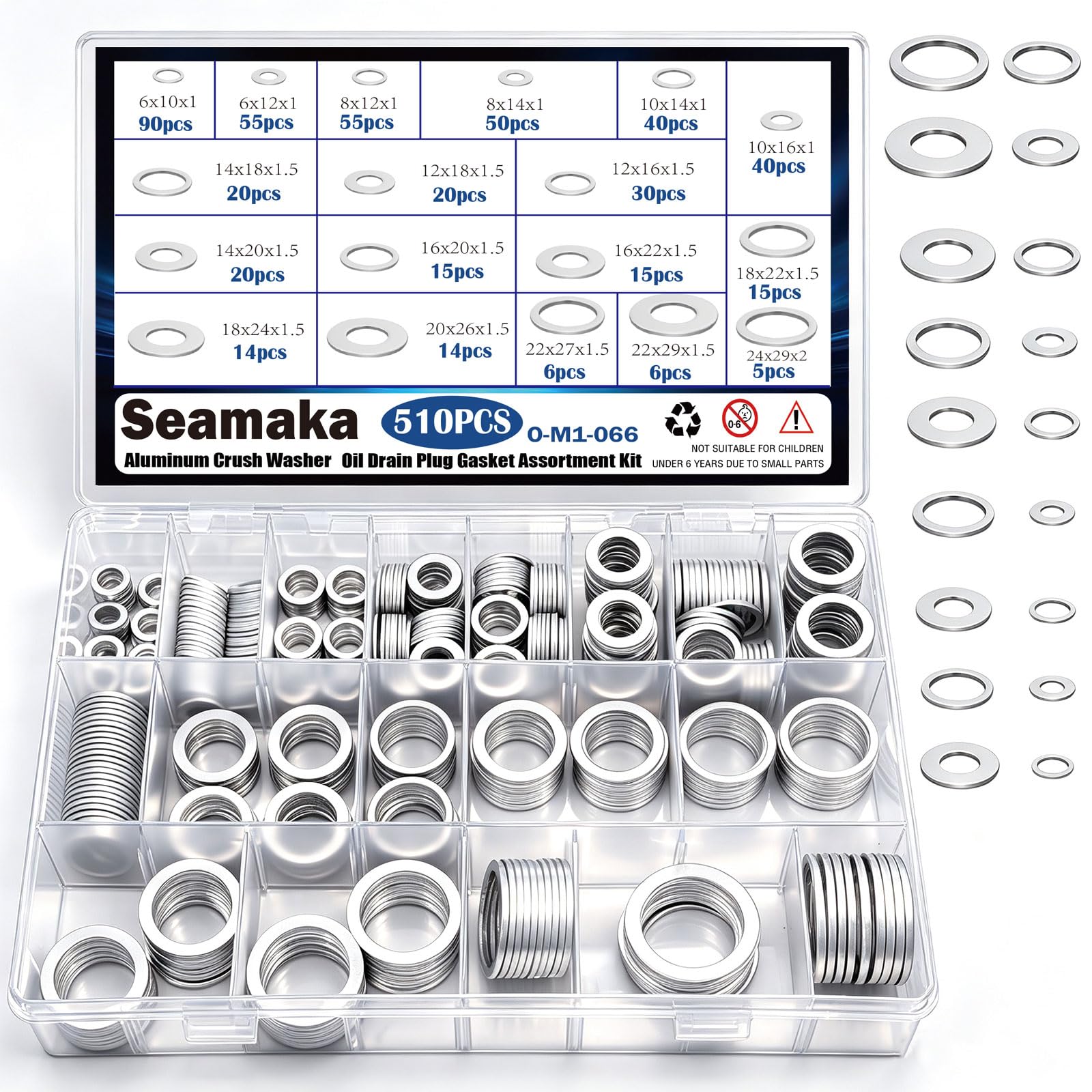 Seamaka 510PCS Oil Crush Washer,18 Sizes Oil Drain Plug Gaskets Assortment Kit,A