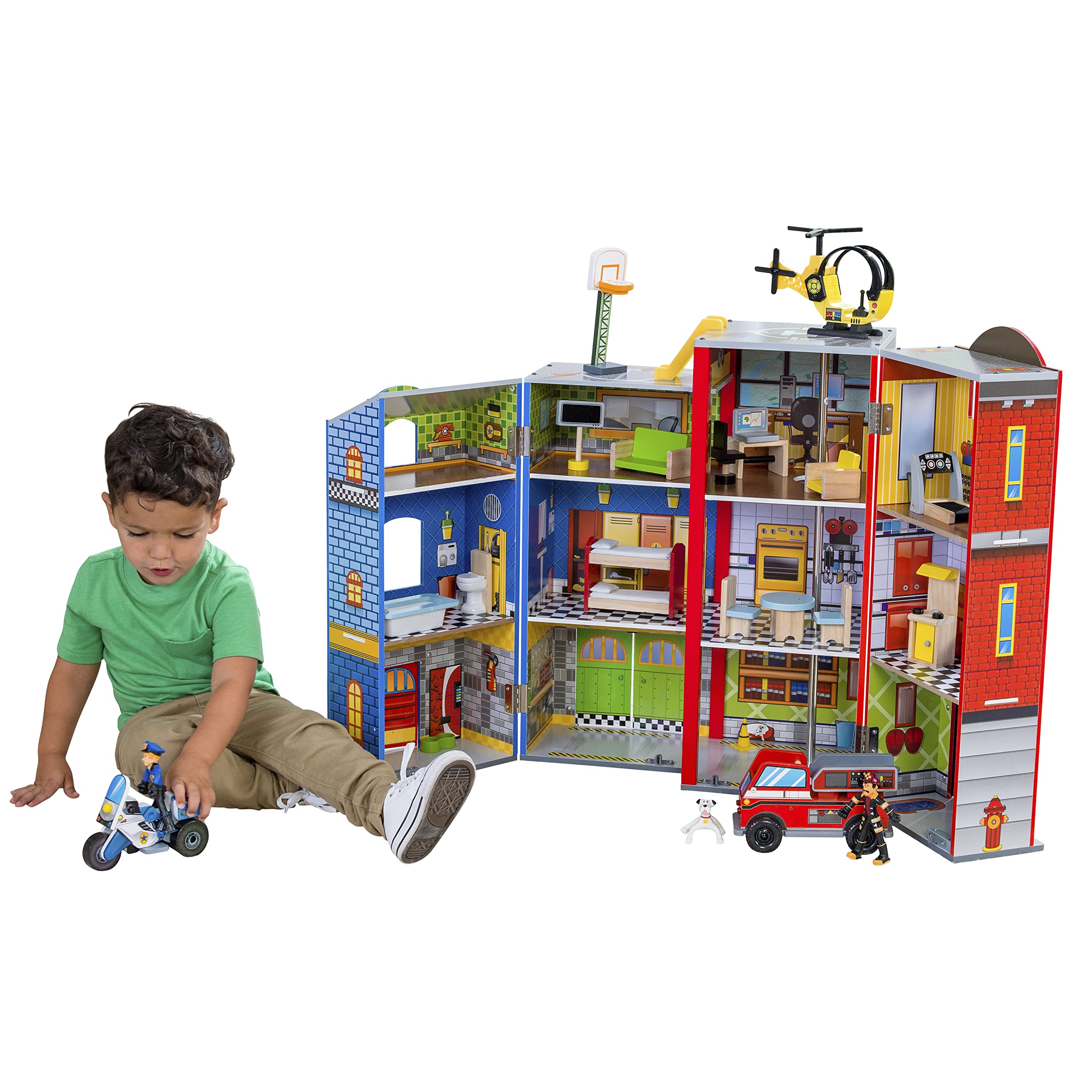 KidKraft Everyday Heroes Wooden Playset, 3-Story with 26-Piece Accessories, Fold