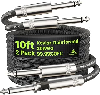 Guitar Cable 10 ft/3m 2 Pack, Dual Shielded 99.99% OFC Instrument Cable | 20AWG Kevlar-Reinforced Heavy-Duty Nylon Braided, Heat-Shrink Protected 1/4 Inch Cord, Amp Cord for Fender Electric Guitar