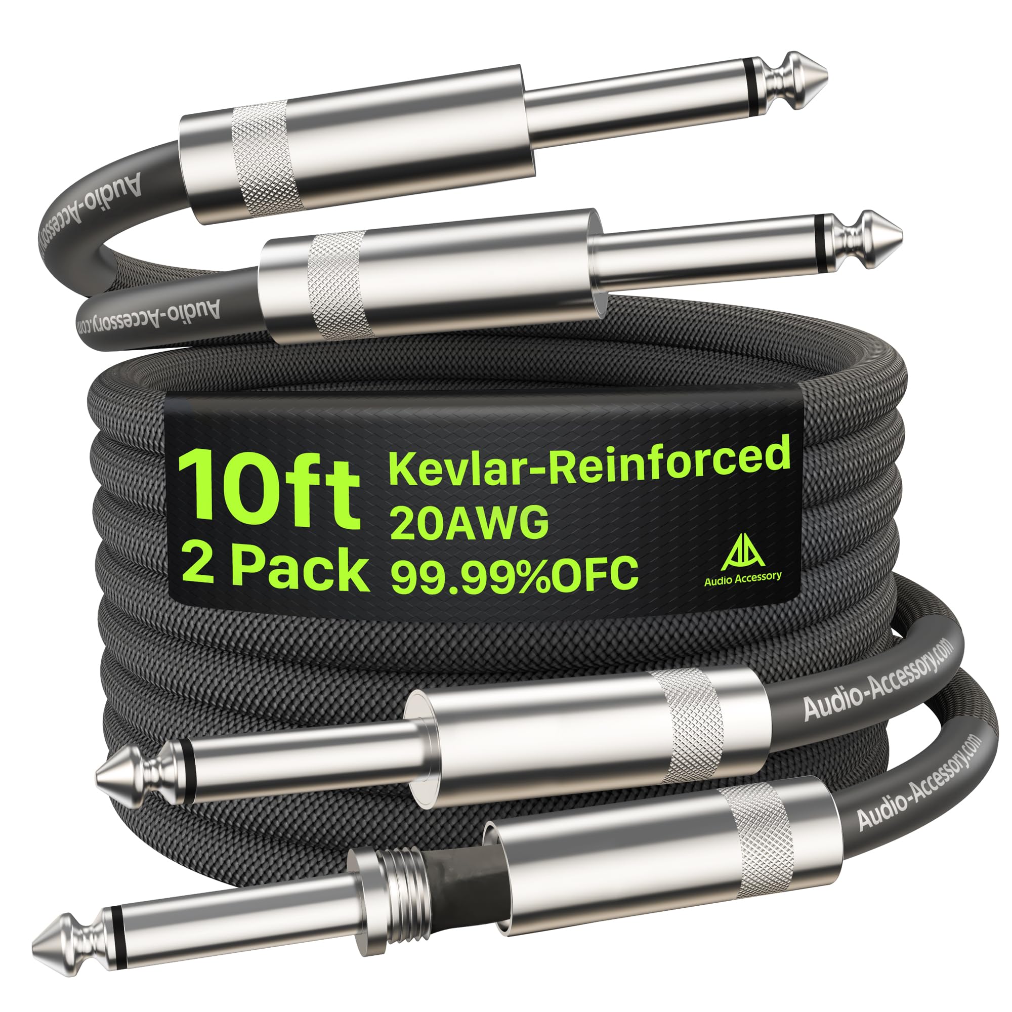 Guitar Cable 10 ft/3m 2 Pack, Dual Shielded 99.99% OFC Instrument Cable | 20AWG 