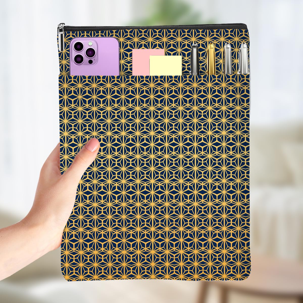 Art Deco Sleeve Navy Blue Gold Vintage Geometric Pattern Canvas Book Protector P