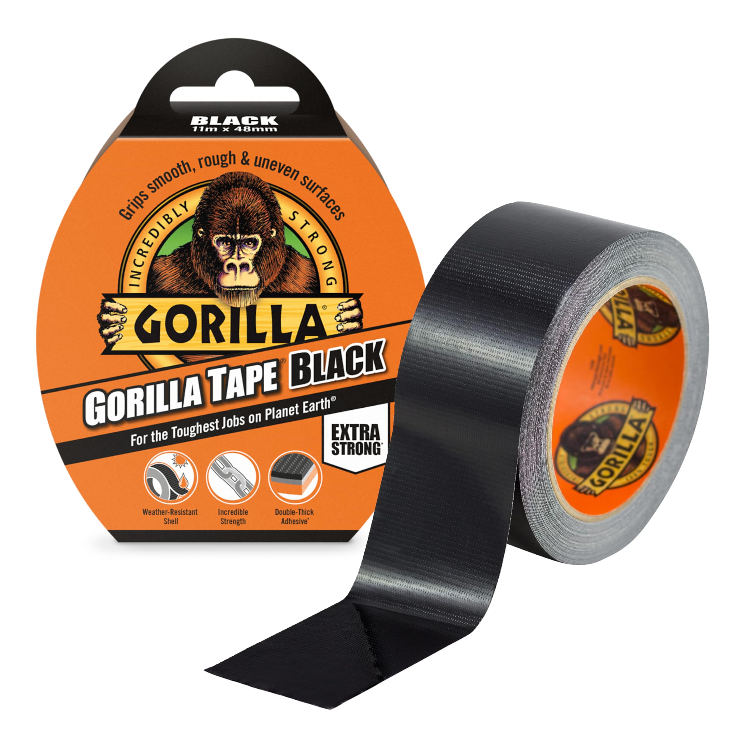 Gorilla Tape Black 11m - Heavy Duty Duct Tape, Hand-Tearable & Extra Strong