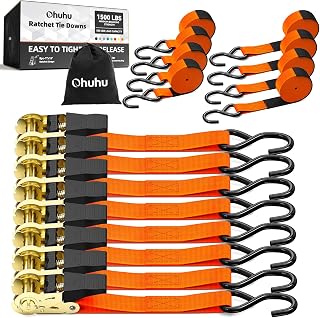 Ohuhu Ratchet Tie Down Straps, Heavy Duty Cargo Straps, 8 ×15 ft, Orange | 500 lbs load capacity, 1500 lbs breaking limit, for trucks, moving, appliances, motorcycles, logistics