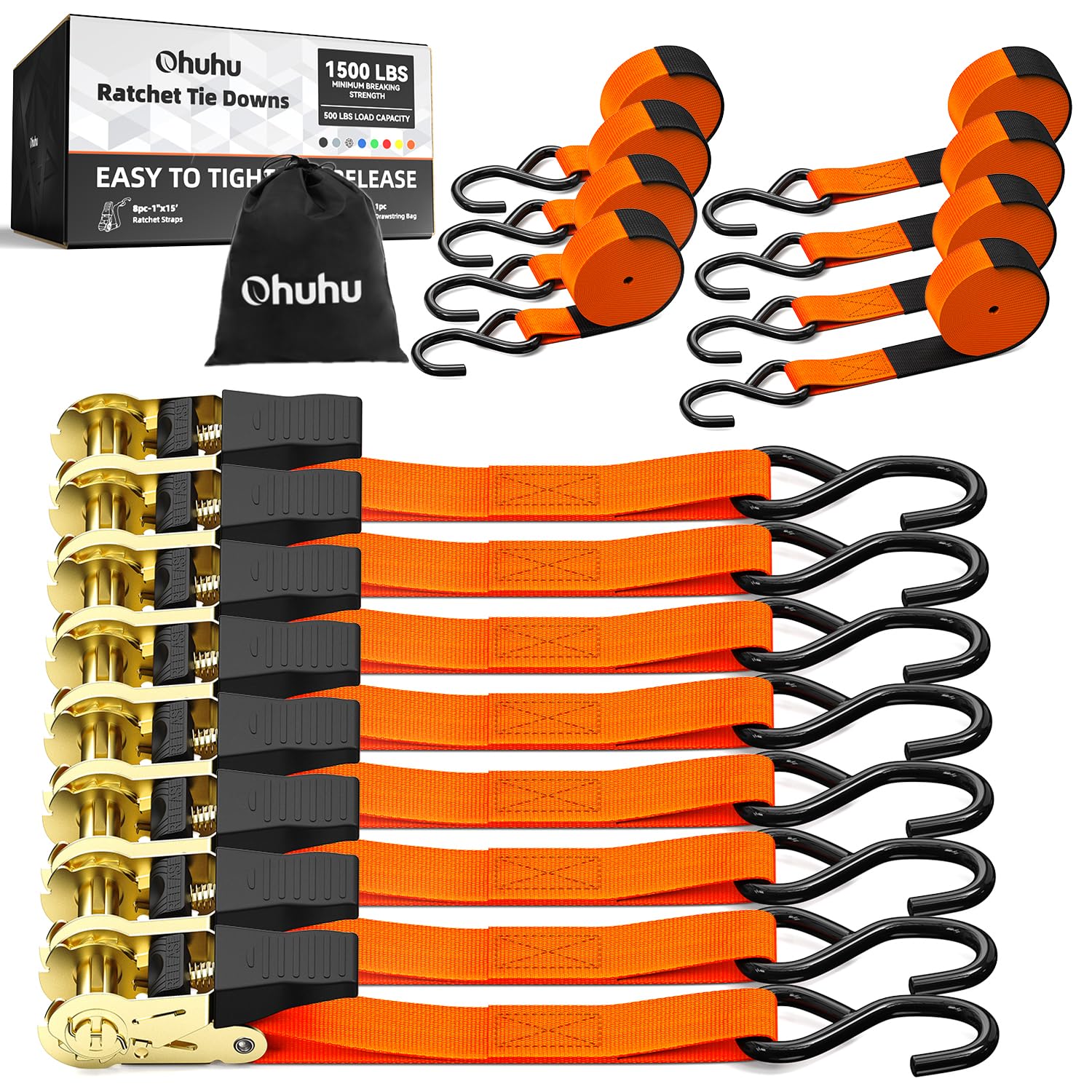 Ohuhu Ratchet Tie Down Straps, Heavy Duty Cargo Straps, 8 ×15 ft, Orange | 500 l