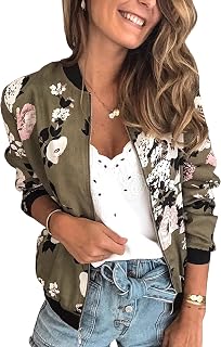 ECOWISH Women's Casual Floral Zip Up Bomber Jacket Lightweight Coat Short No Lining Quilted Outwear Tops Pocket Thin Outfit