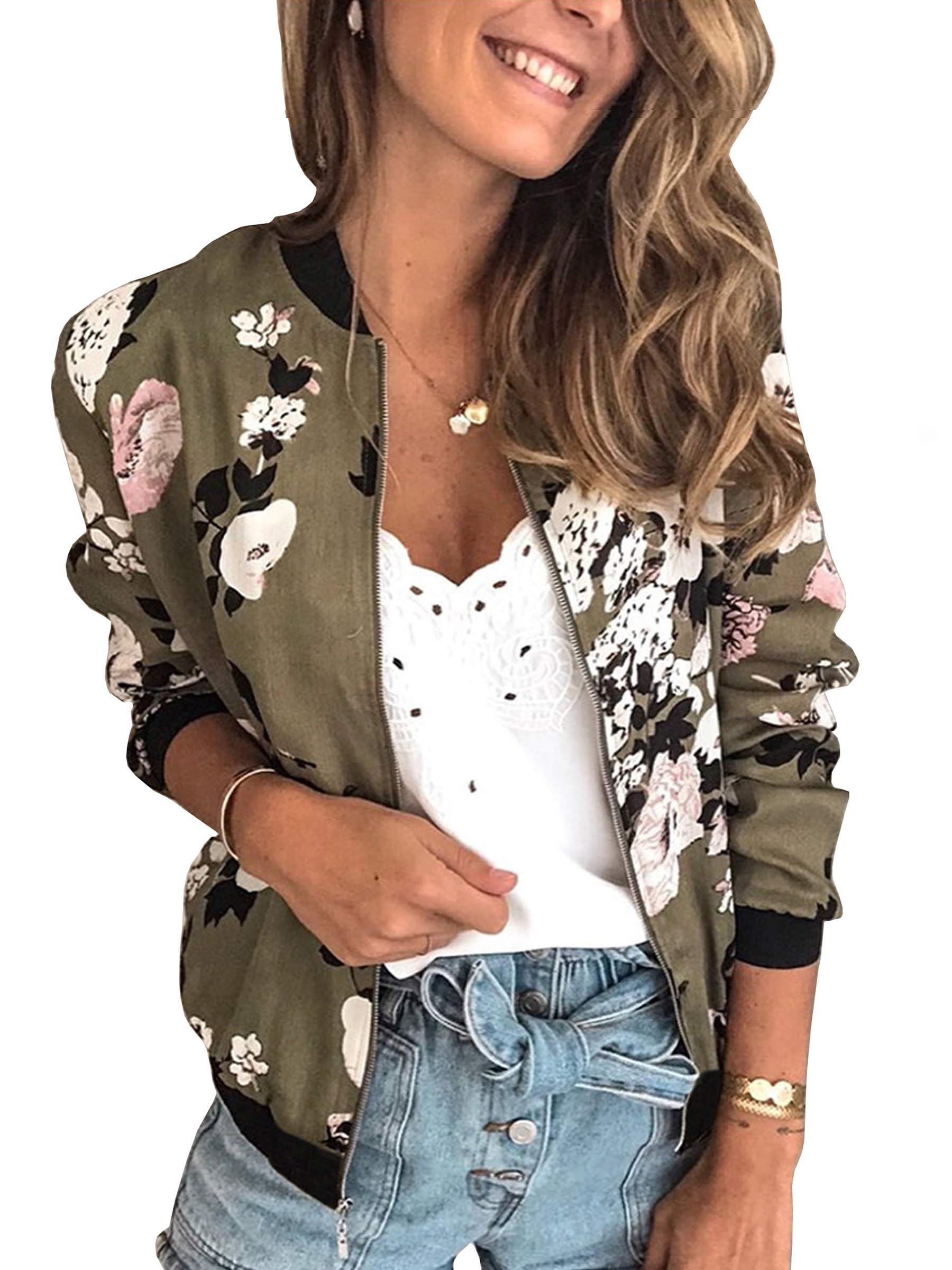 ECOWISH Women's Casual Floral Zip Up Bomber Jacket Lightweight Coat Short No Lin