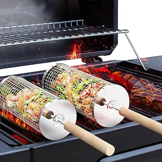 Rolling Grill Basket, Grilling Accessories, Outdoor Camping, Gifts for Men | 304 Stainless Steel, Nesting BBQ Tools, Removable Handle, Smoker Cooking Utensils for Vegetable, Birthday for Dad Husband