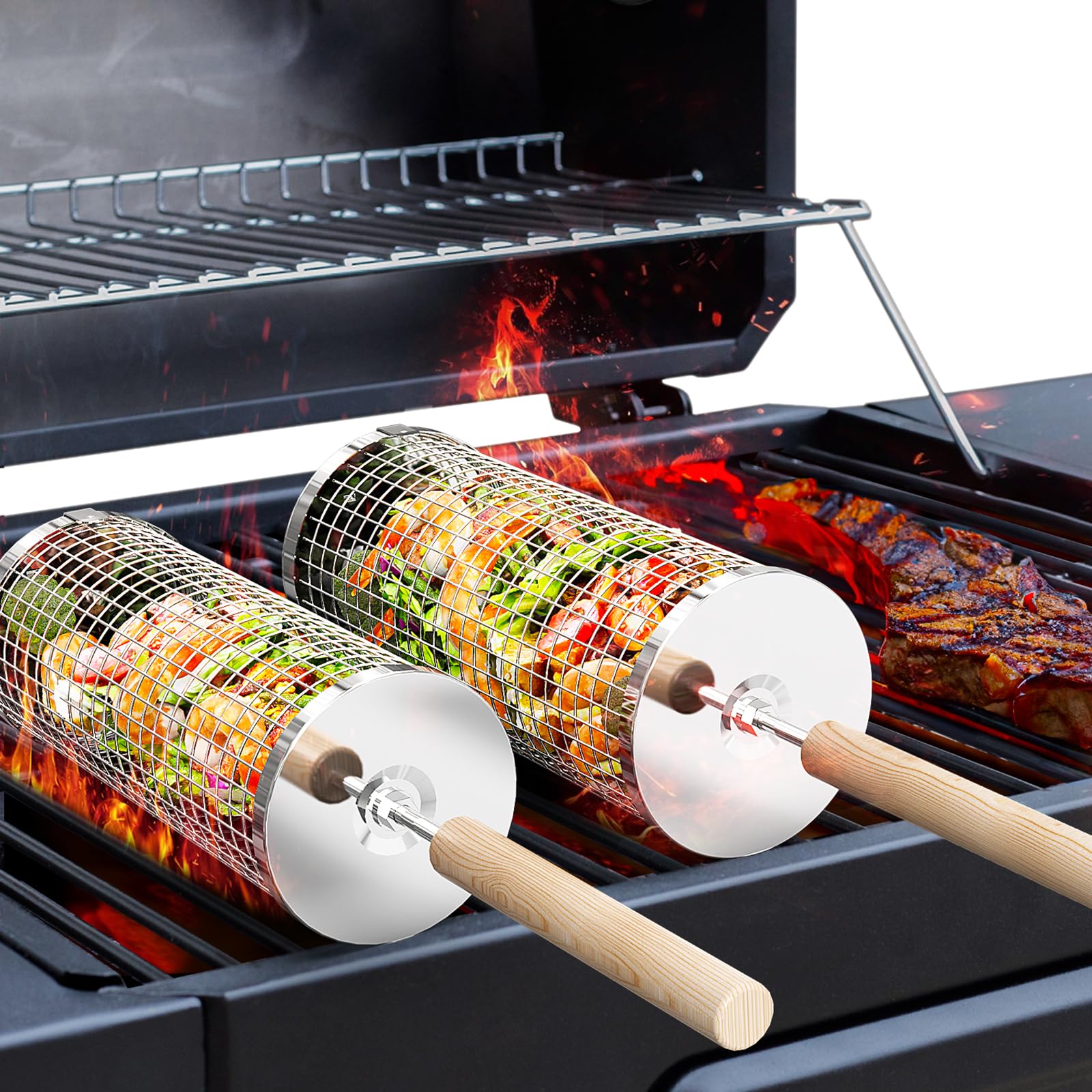 Rolling Grill Basket, Grilling Accessories, Outdoor Camping, Gifts for Men | 304