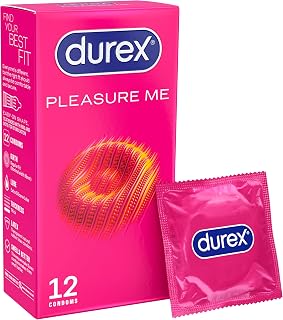 Durex Pleasure Me, 12 Condoms, Ribbed & Dotted, Regular Fit, Pre Lubricated | Pre Lubricated with Silicone Lube, Ribbed & Dotted for Extra Stimulation, Easy On, Teat Ended, Regular Fit Condoms