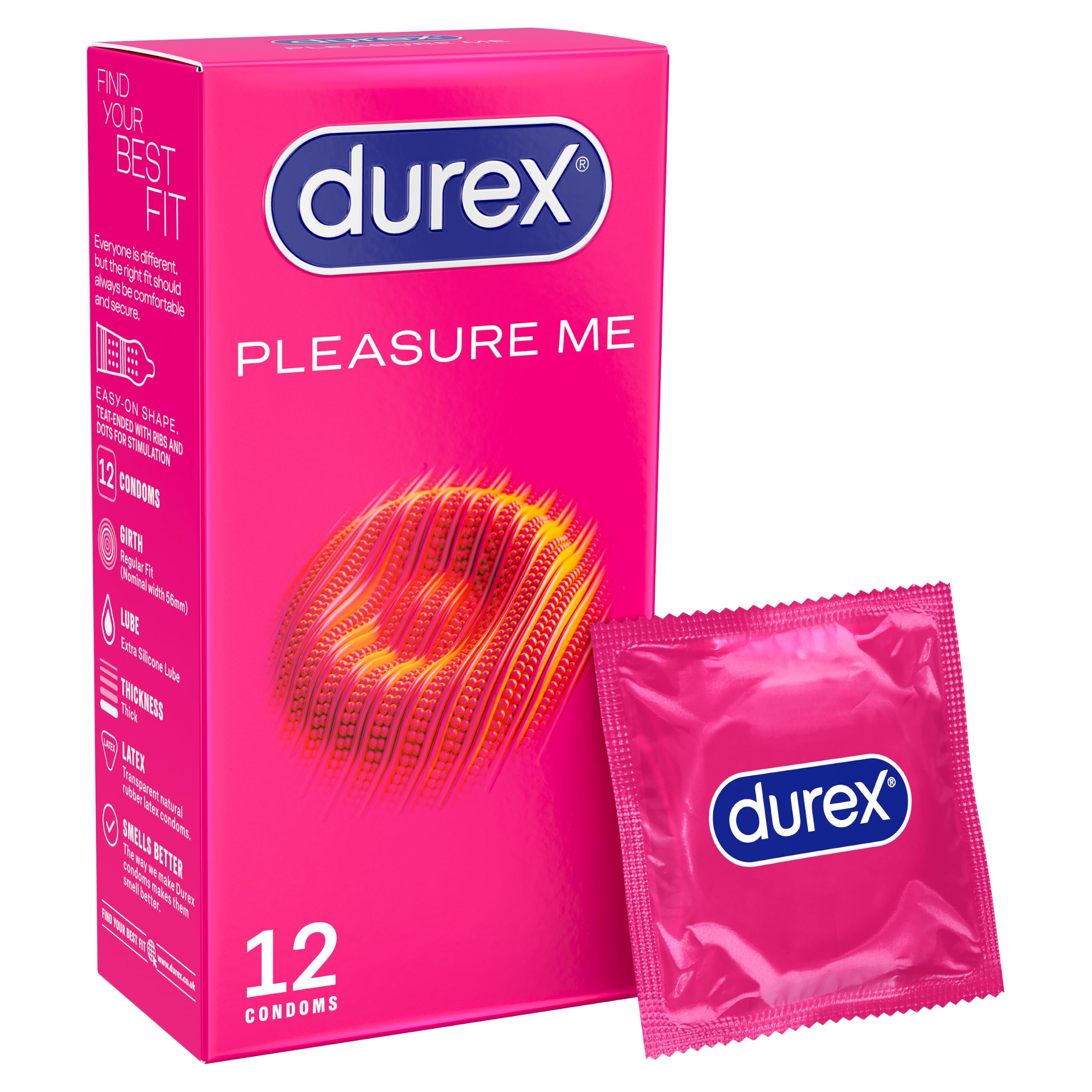 Durex Pleasure Me, 12 Condoms, Ribbed & Dotted, Regular Fit, Pre Lubricated | Pr