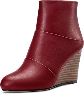 HDEUOLM Women's High Wedge Heel Closed Round Toe Ankle Boots 8.5 cm Heels Slip-on Zip Cute Shoes