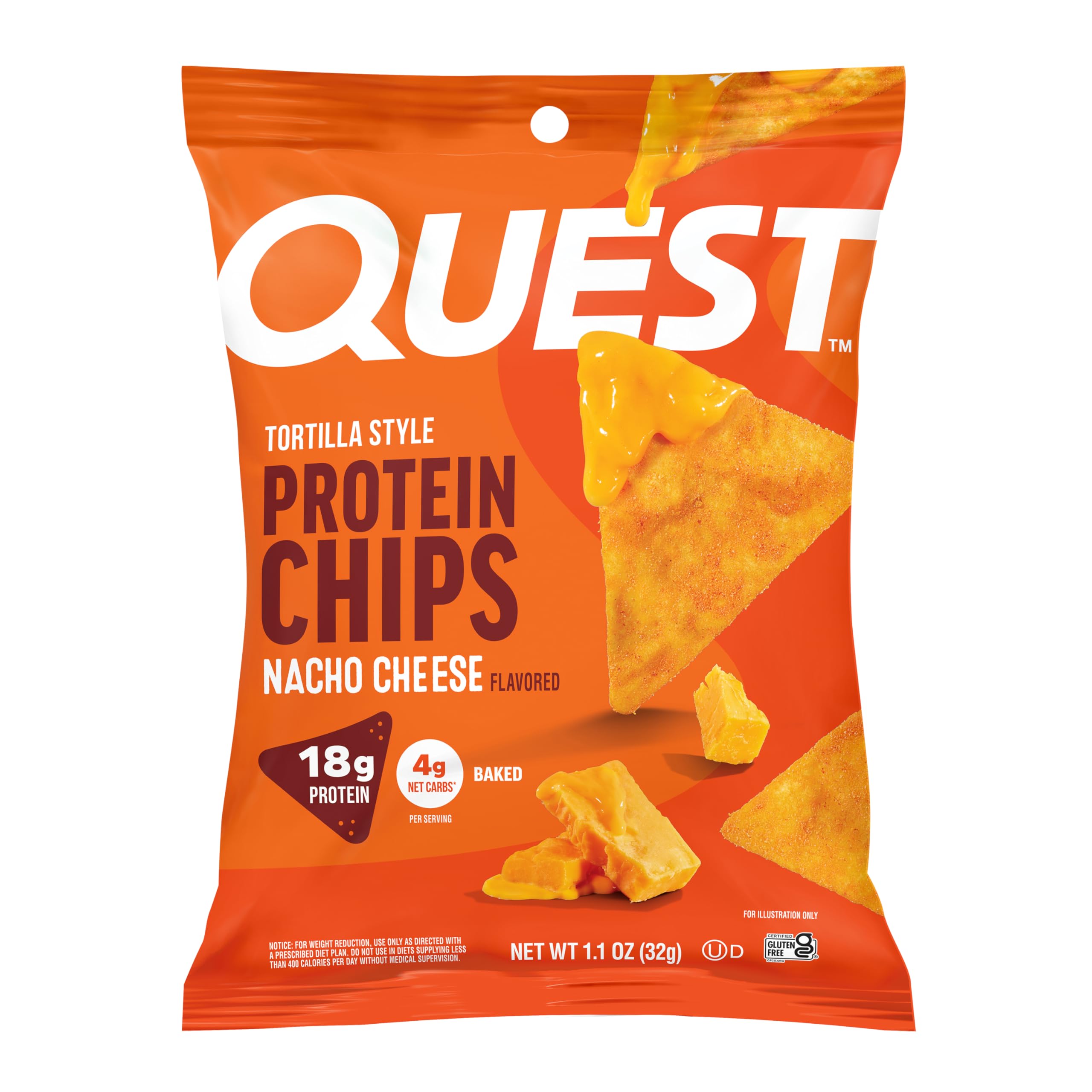 Quest Nutrition Nacho Cheese Tortilla Style Protein Chips, 18g Protein, 4g Net C