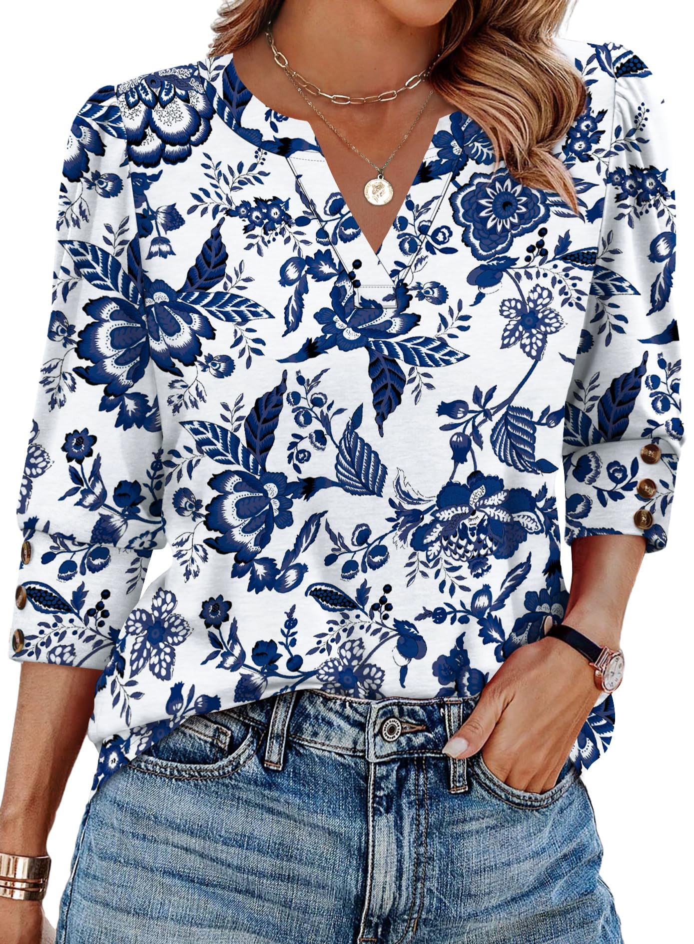 WIHOLL 3/4 Length Sleeve Womens Tops with Button Cuffs Dressy Casual V Neck Summ