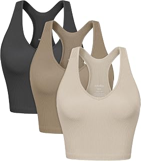 ODODOS 3-Pack Seamless Racerback Crop Tank for Women Ribbed Knit Soft Crop Tops