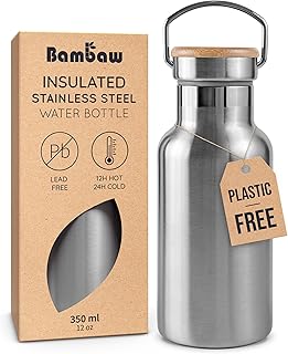 Bambaw Insulated Water Bottle Stainless Steel 350 ml, Wide Mouth for Easy Cleaning, 350ml Insulated Water Bottle Metal, Reusable, Lightweight & Rust-Resistant, Great for Travel (Natural Steel)