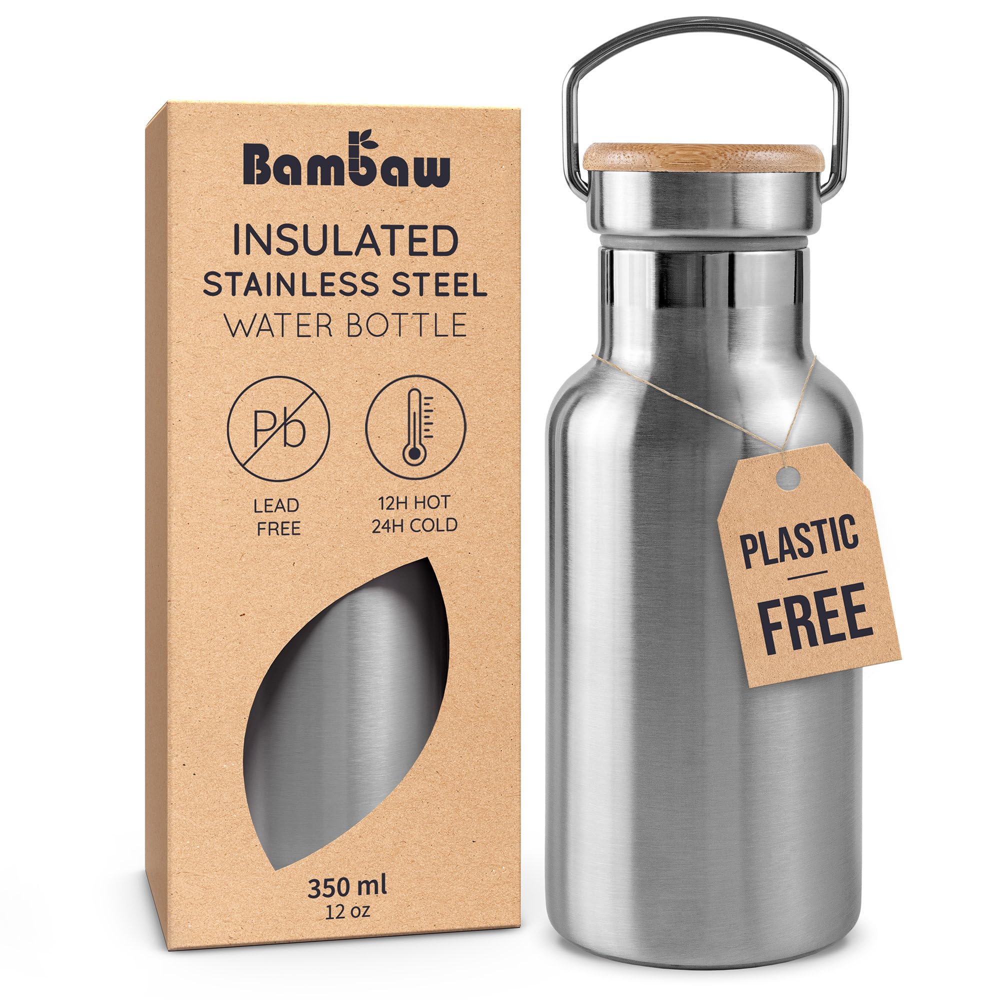 Bambaw Insulated Water Bottle Stainless Steel 350 ml, Wide Mouth for Easy Cleani
