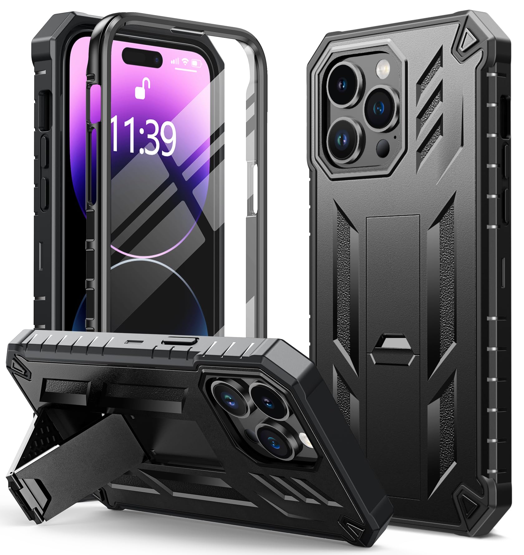 FNTCASE for iPhone 14 Pro Max Case, Built-in Screen Protector, Kickstand