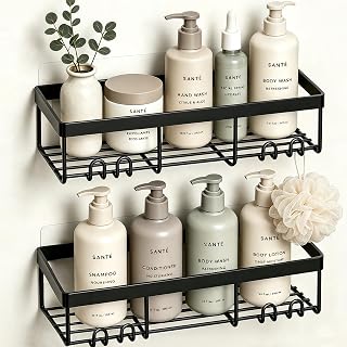 Moforoco Shower Caddy Shelf Organizer Rack, Self Adhesive Black Bathroom Shelves Basket, Home Farmhouse Wall Inside Organization and Storage Decor Rv Accessories, First Camper Apartment Essentials