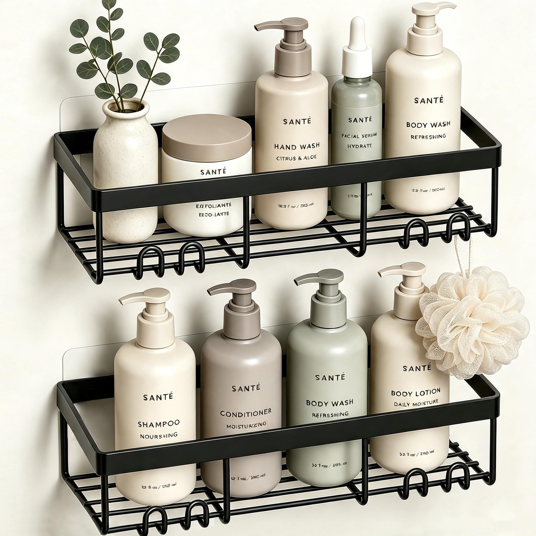 Moforoco Shower Caddy Shelf Organizer Rack, Self Adhesive Black Bathroom Shelves
