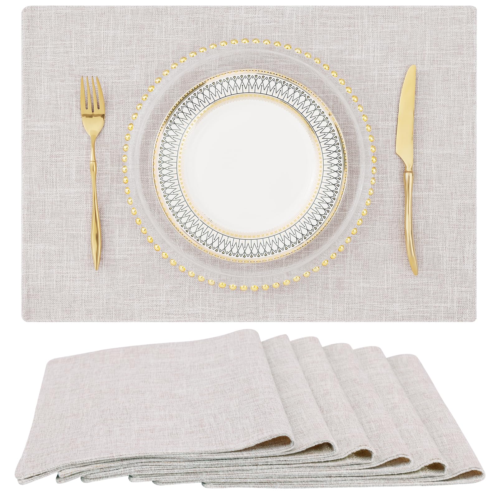 homing Faux Cotton Linen Placemats Set of 6, Cloth Dining Table Mats | Washable 