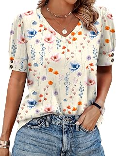OFEEFAN Womens Tops Short Sleeve Shirts Buttons V Neck Spring Fashion Summer Outfits Plus Size Blouses Dressy Casual