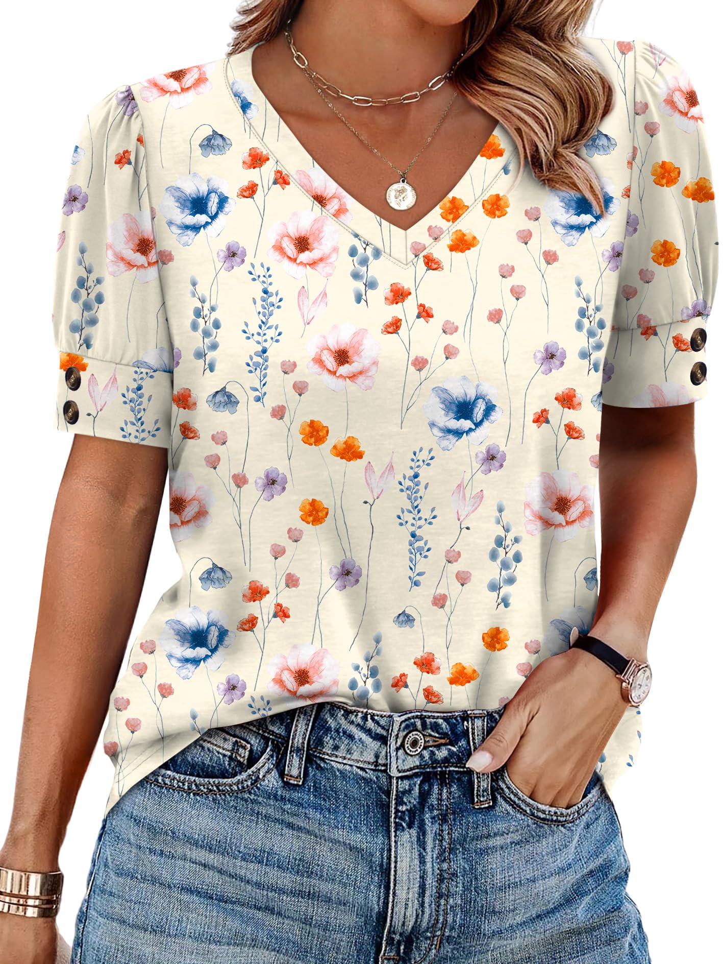OFEEFAN Womens Tops Short Sleeve Shirts Buttons V Neck Spring Fashion Summer Out