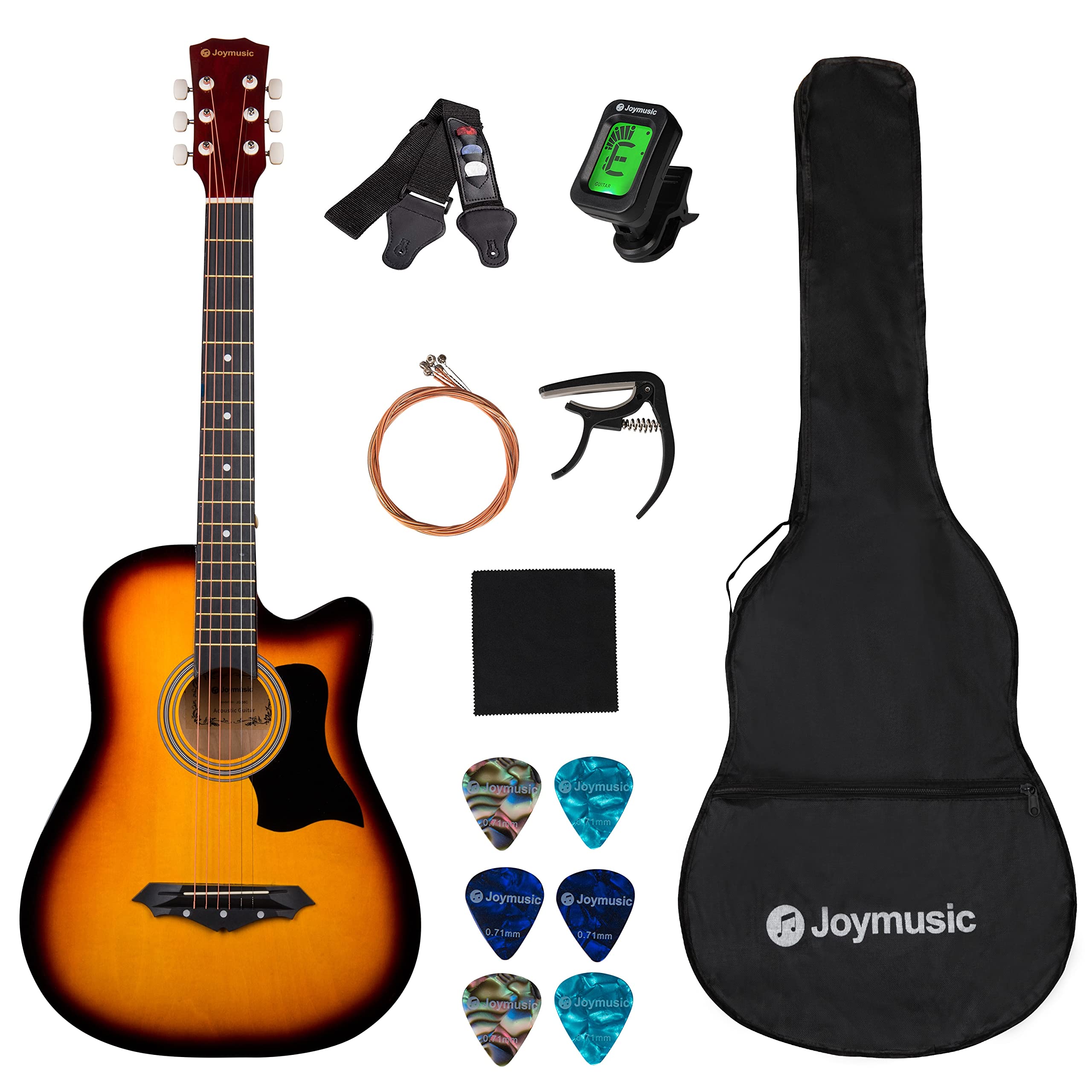 Joymusic 38 inch sunburst beginner acoustic guitar kit,bundle with a strap with 