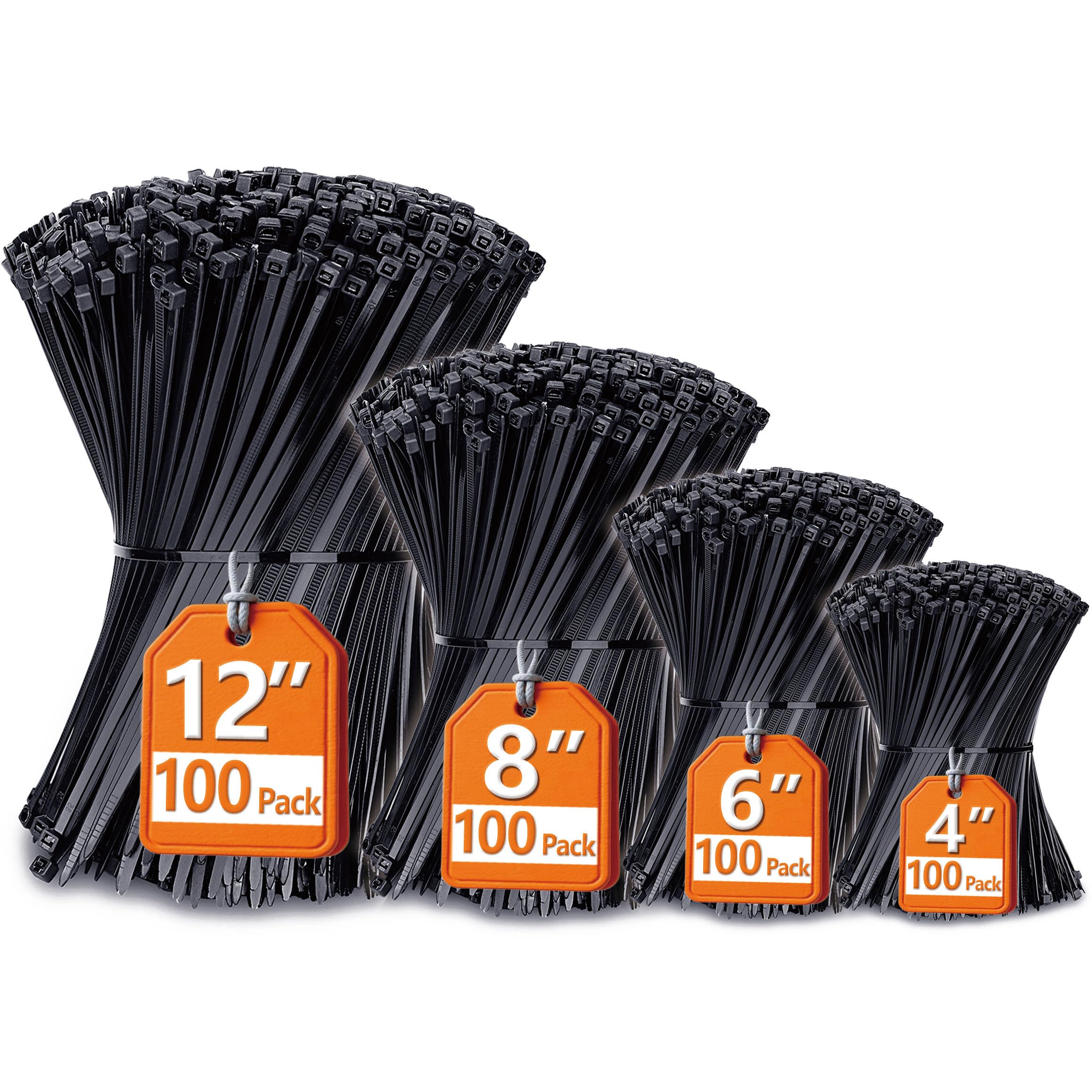 Zip Ties Assorted Sizes(4”+6”+8”+12”), 400 Pack, Black Cable Ties, UV Resistant 