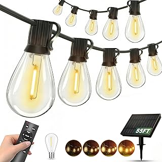 Solar Lights Outdoor, 55FT Outdoor Lights with USB Charging & Remote Control, Dimmable & Timmer, Dusk to Dawn, 3 Light Modes, Outdoor String Lights for Patio Balcony Backyard Garden Yard Party Camping