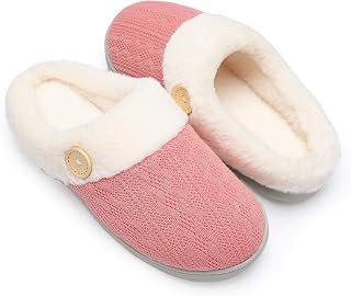 Chantomoo Women's House Slippers Comfortable Memory Foam Plush Bedroom Faux Fur Lined Knitted Warm Slippers Slip-On Lightweight Shoes Indoor Outdoor Non-Slip Rubber Sole Cosy