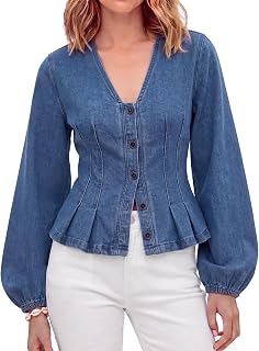 Tankaneo Camicie da donna in denim con bottoni e maniche lunghe a sbuffo
