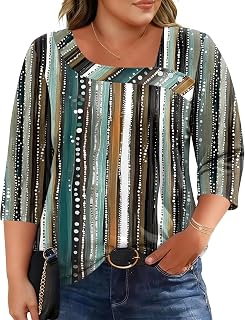 LOMON Camisetas de manga 3/4 para mujer, talla grande, cuello asimétrico, blusas de moda 2026