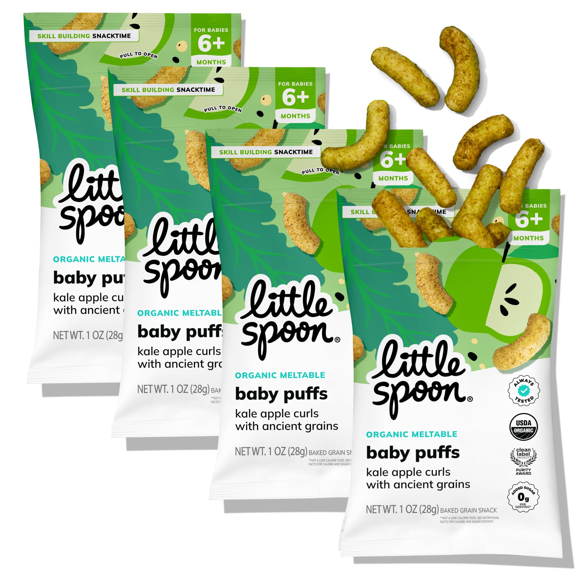 Little Spoon Kale Apple Meltable Baby Puffs, 1 Oz Bag, 4 Pack | Organic Corn Qui