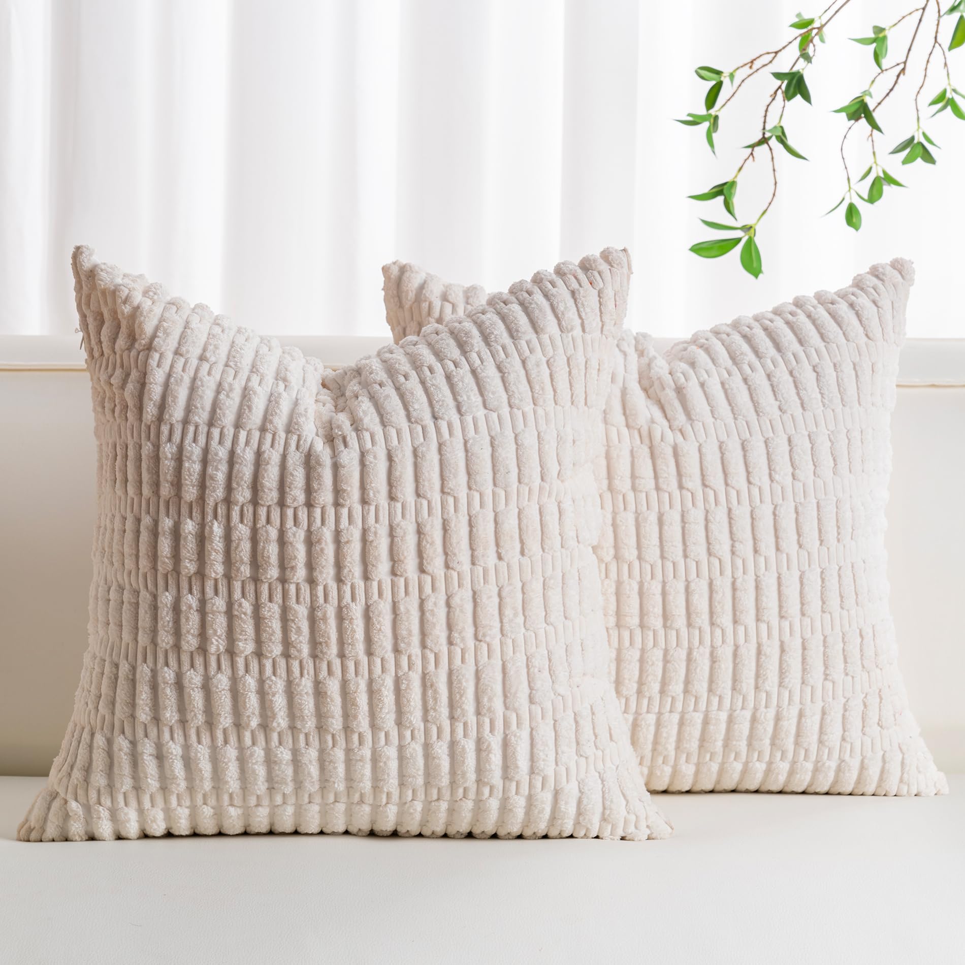 Pack of 2 Corduroy Decorative Throw Pillow Covers 18x18 Inch, Cream White | Fall