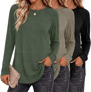 Ficerd 3Pcs Womens Raglan Long Sleeve Tunic Tops Crew Neck Shirt