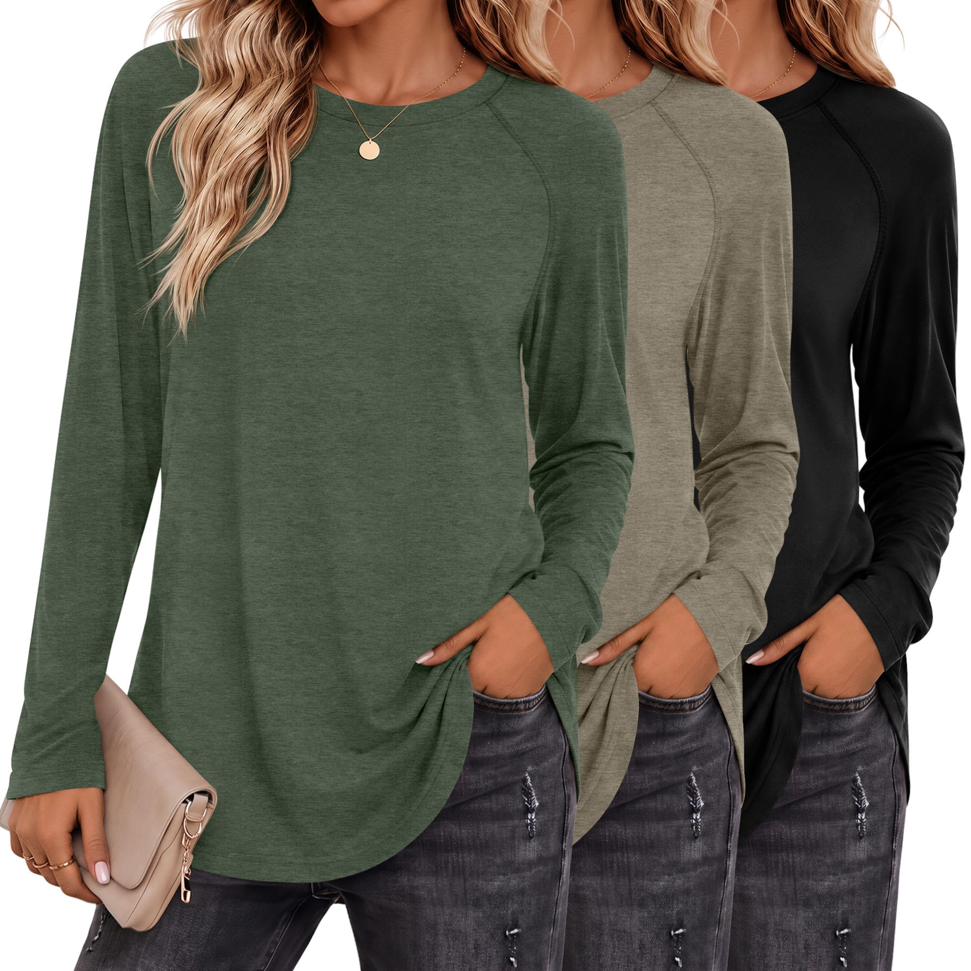 Ficerd 3Pcs Womens Raglan Long Sleeve Tunic Tops Crew Neck Shirt