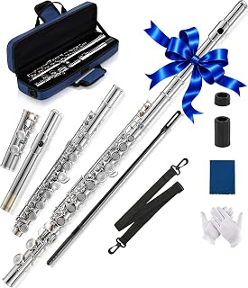 AKLOT Closed-Hole Concert C Flute: Flute Instrument with 16 Keys, Offset G, Smooth Nickel-Silver Keys, Air-Tight Pads, Include Stylish Case with Shoulder Strap, Cleaning Kit, Gloves (LUM-SN)