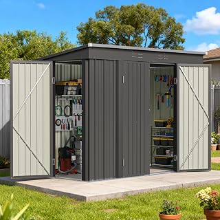 Patiowell 8x4 FT Storage Shed, Outdoor Metal Sheds with 3 Lockable Doors | Outside Shed Heavy Duty Tool with Sloping Roof and Updated Frame Structure for Backyard, Garden, Patio, Black