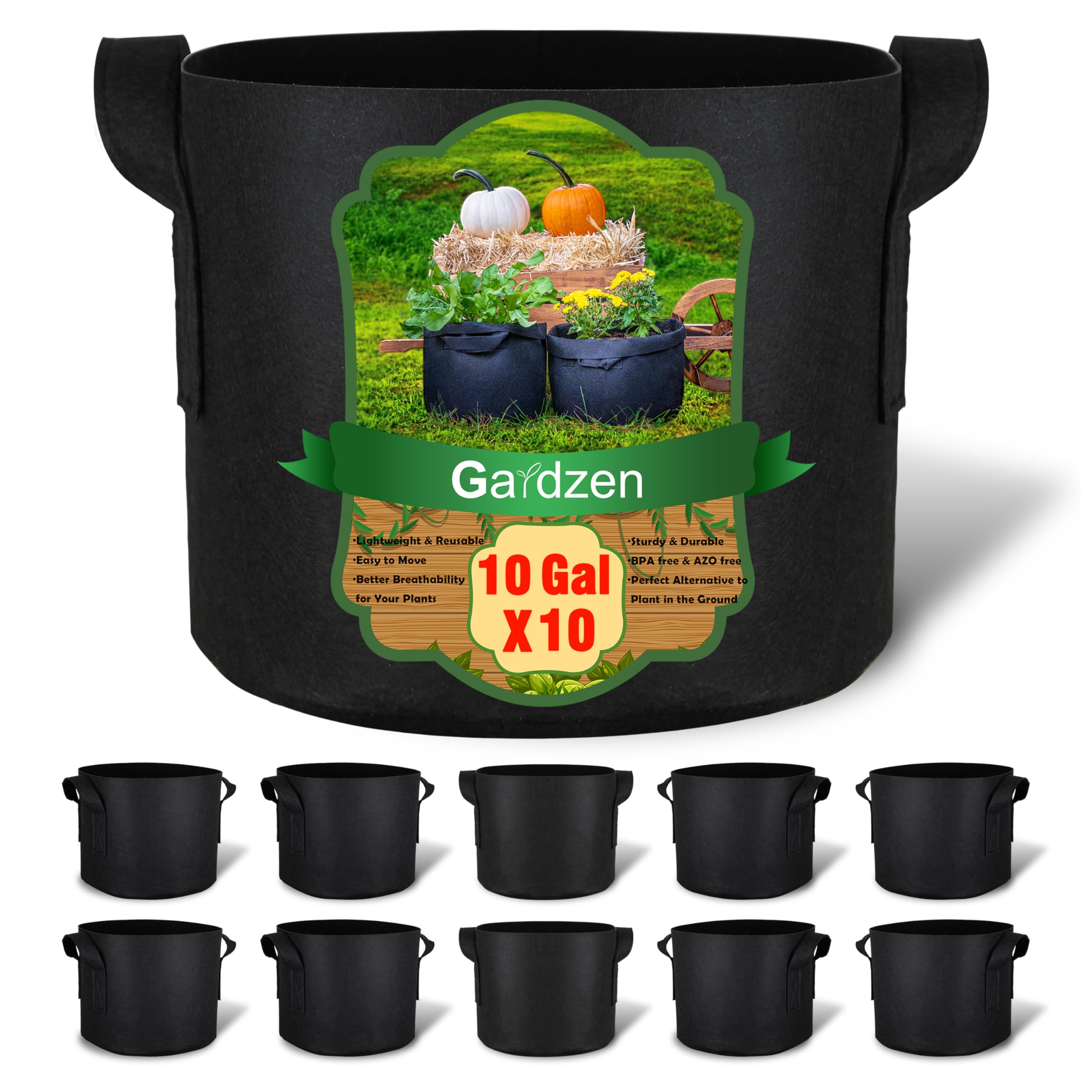 Gardzen 10-Pack 10 Gallon Grow Bags Fabric Pots with Heavy Duty Handles | Excell