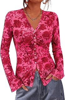 BTFBM Camicie con bottoni per le donne autunno moda 2025 scollo a V camicetta a maniche lunghe in rete increspata aderente con stampa floreale Boho Top