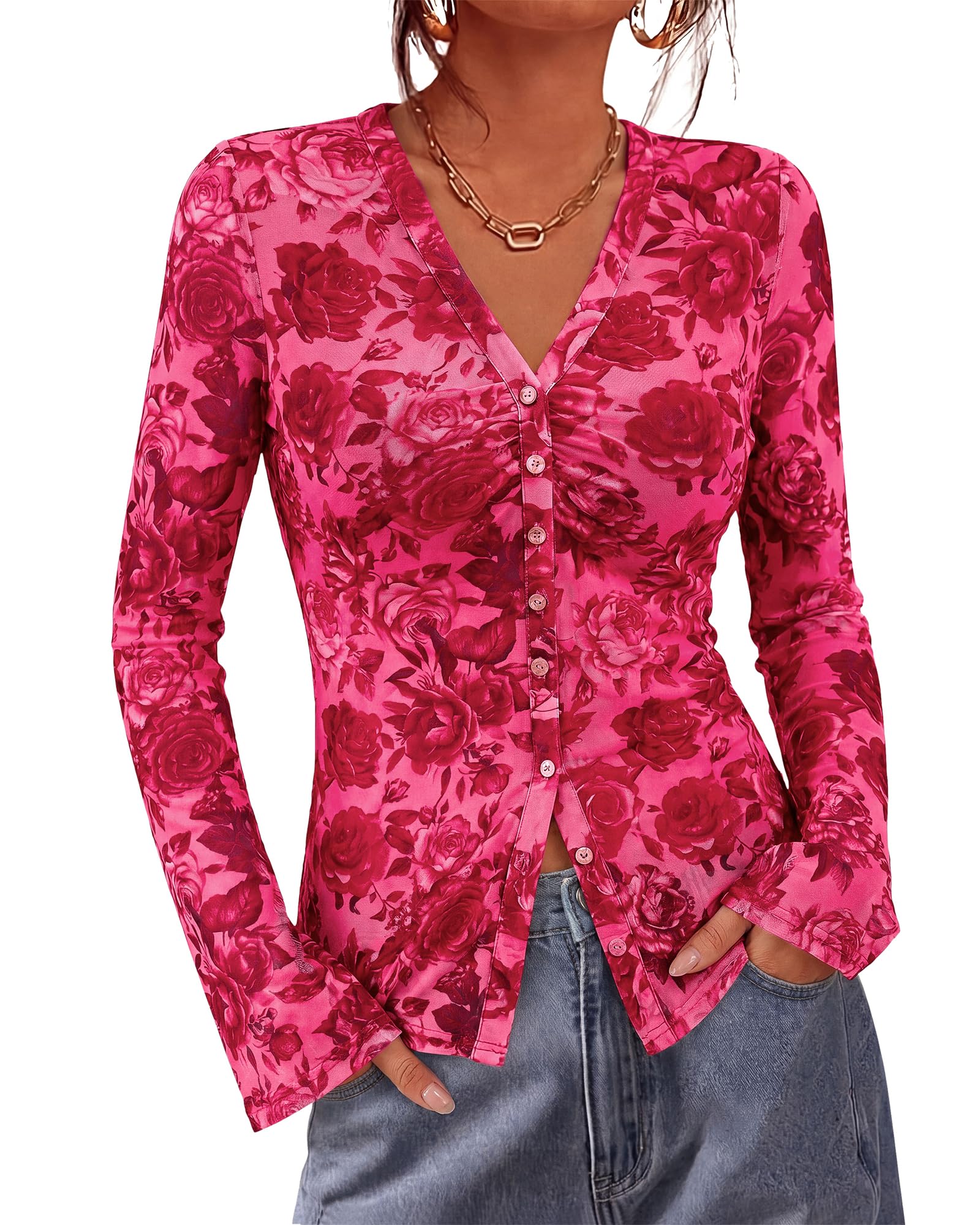 BTFBM Camicie con bottoni per le donne autunno moda 2025 scollo a V camicetta a 