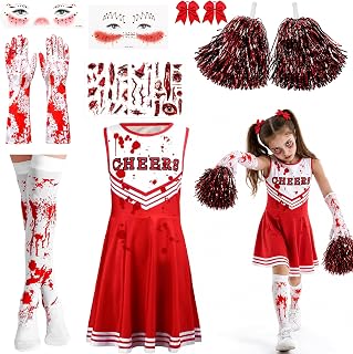 Fictoria Zombie Cheerleader Costume for Girls, Halloween Outfit | Pom Poms Fake Blood Knee High Socks, Tattoo Stickers Bloody Gloves, Bow Hair Tie for Halloween Fancy Dress