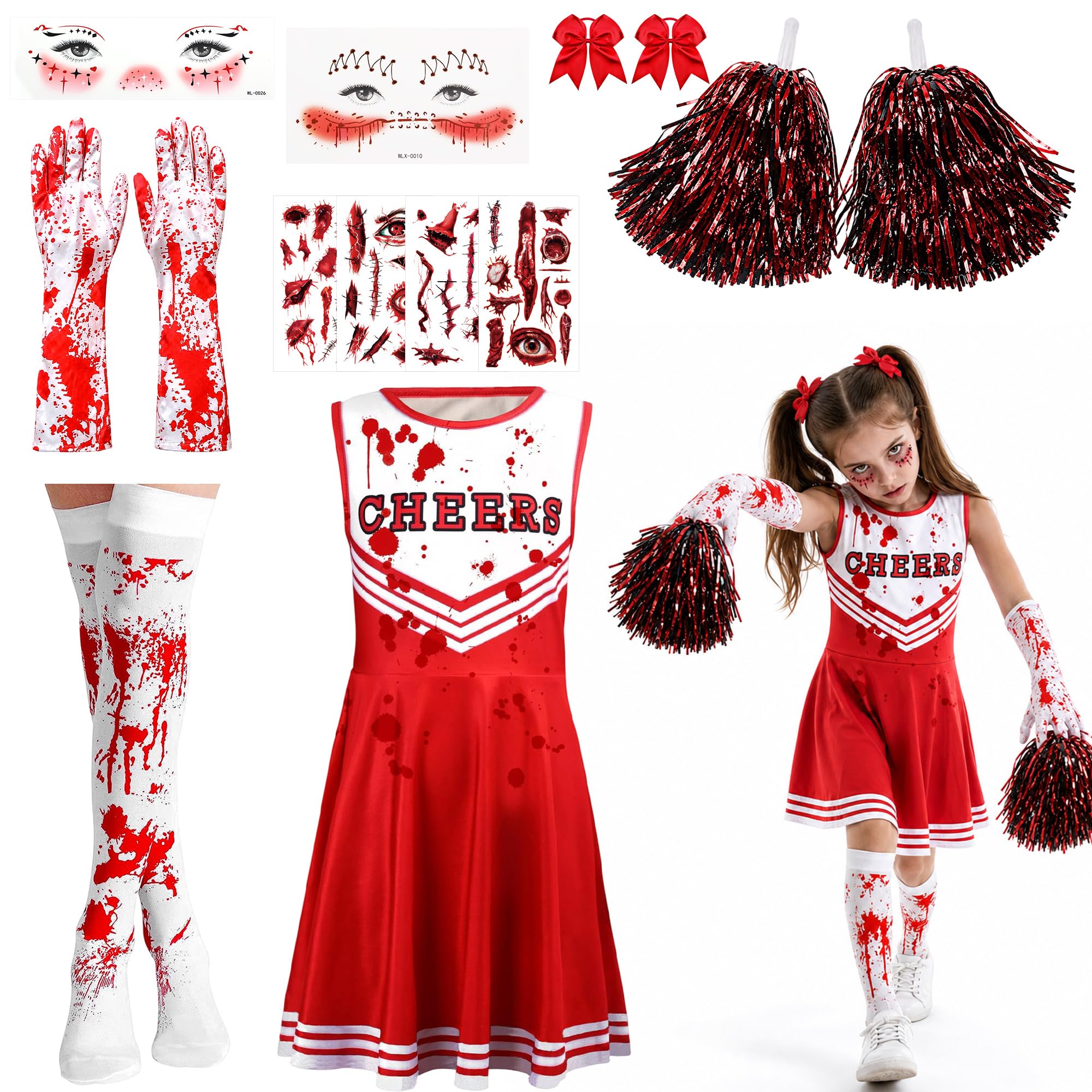 Fictoria Zombie Cheerleader Costume for Girls, Halloween Outfit | Pom Poms Fake 