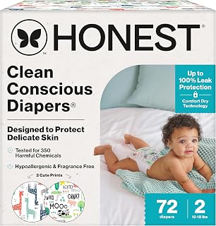 The Honest Company Daytime Diapers, Multi-Colored Giraffes, Size 2, 72 Ct | Baby Diapers, Size 2 (12-18 Lbs), 72 Ct. Hypoallergenic, Fragrance-Free, Up To 100% Leak Protection, Plant-Based.