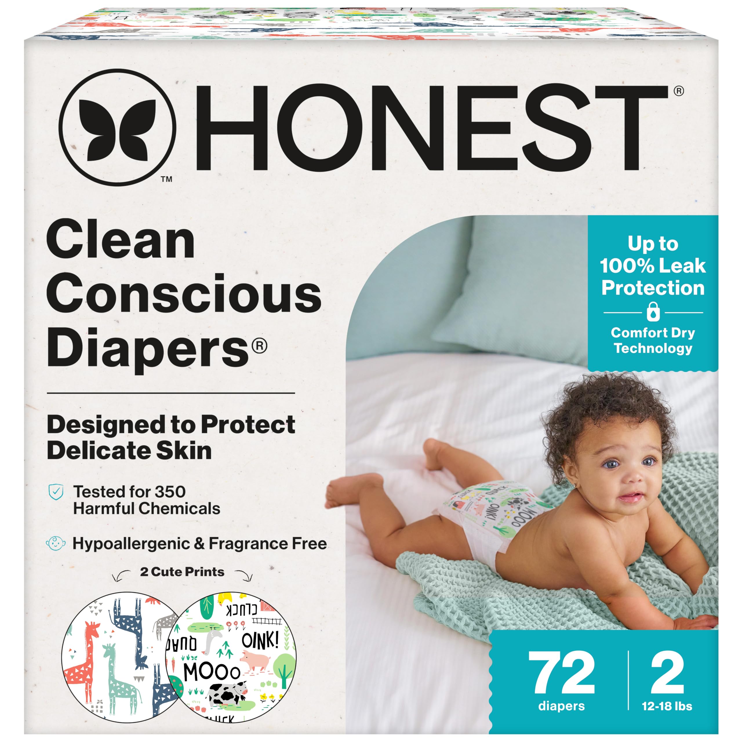 The Honest Company Daytime Diapers, Multi-Colored Giraffes, Size 2, 72 Ct | Baby