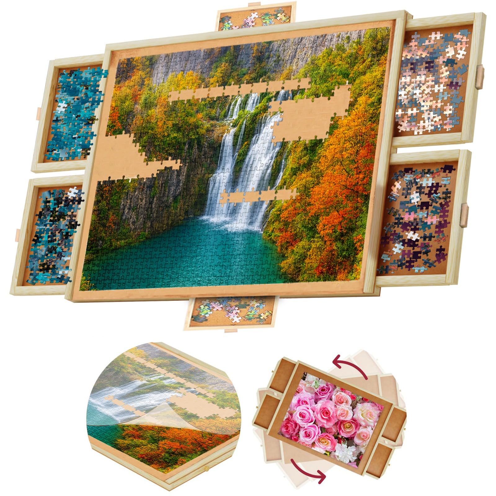 1500 Piece Wooden Jigsaw Puzzle Table - 6 Drawers, Rotating Puzzle Board | 35” X